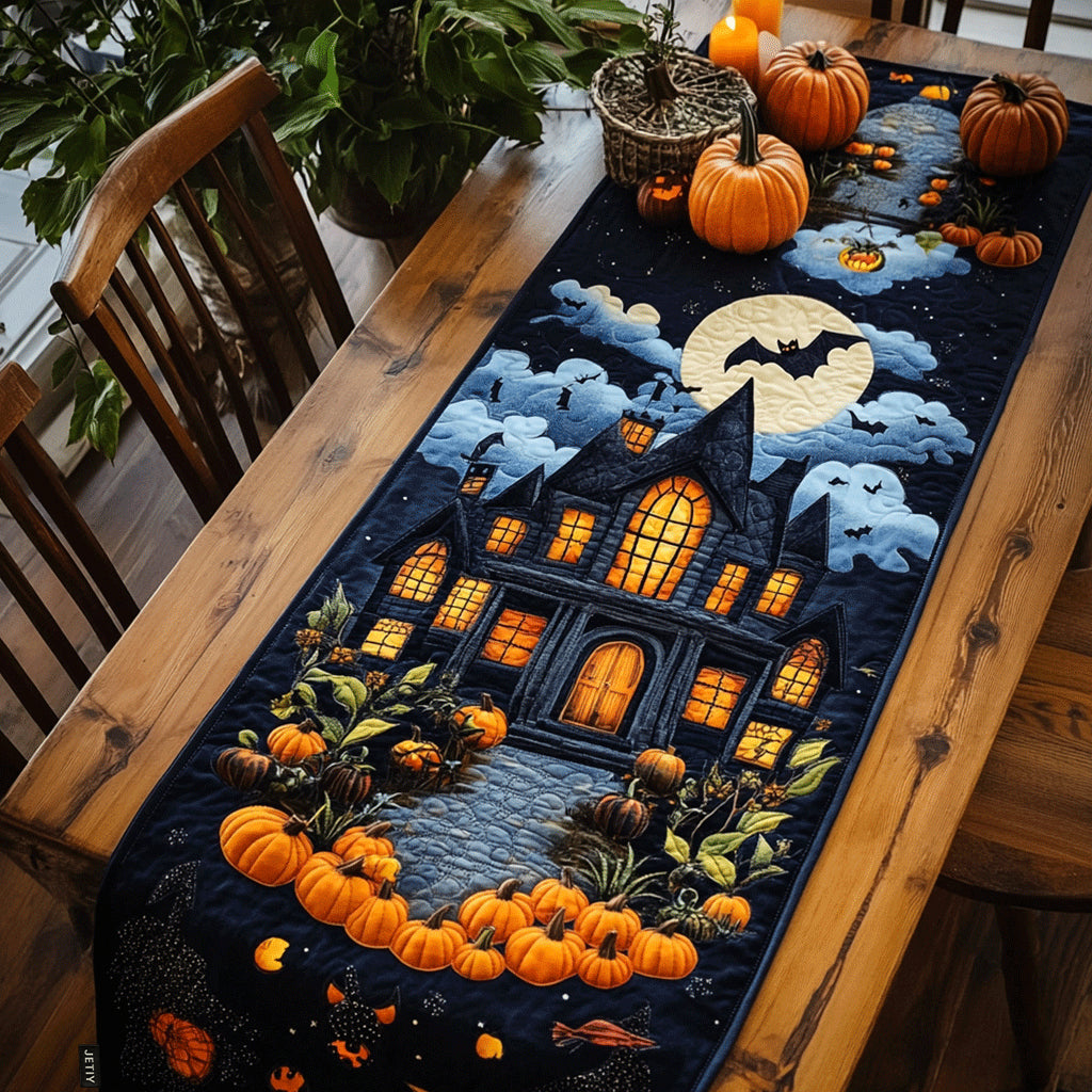 Haunted House Moon quilted table runner – haunted house under a full moon