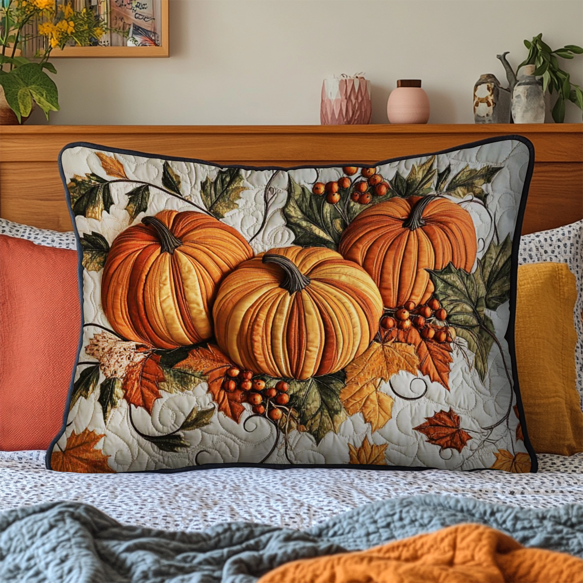 Pumpkins and Berries quilted pillowcase – orange pumpkins with red berries