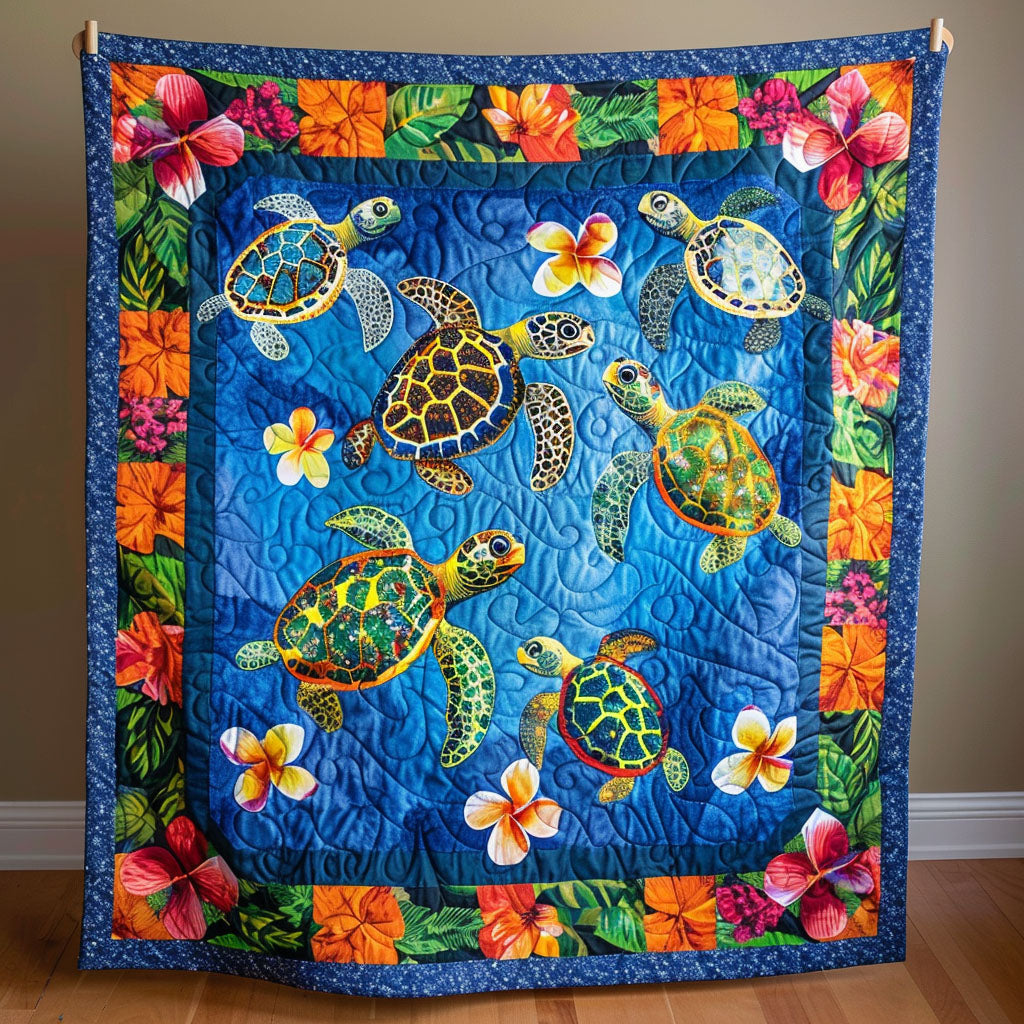 Turtles and Hibiscus quilted throw – sea turtles framed by hibiscus flowers