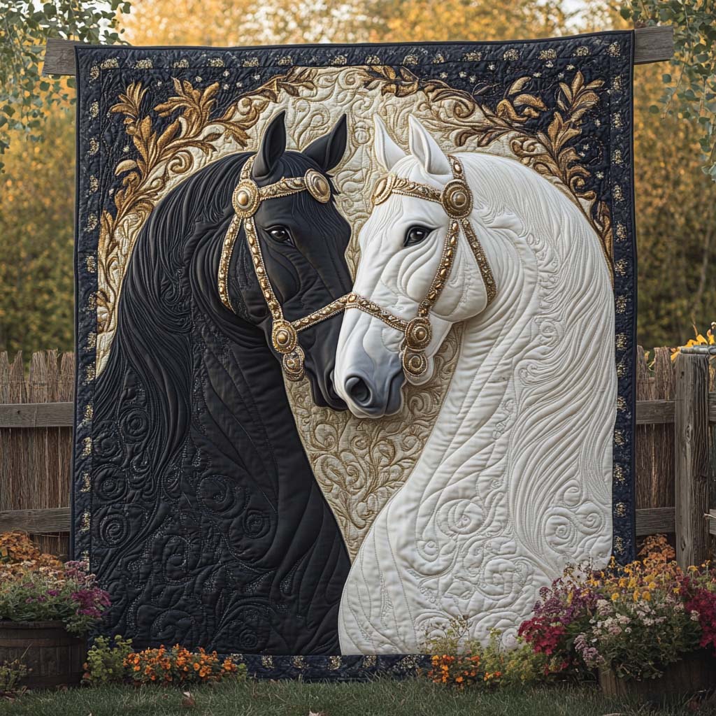 Black and White Horses quilted throw – black and white horses cheek to cheek