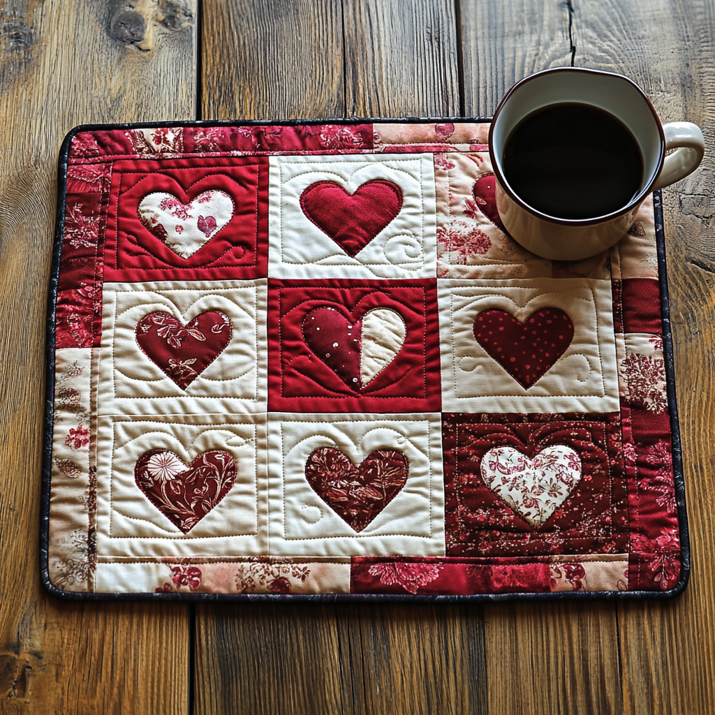 Hearts in Bloom quilted placemats – patchwork hearts