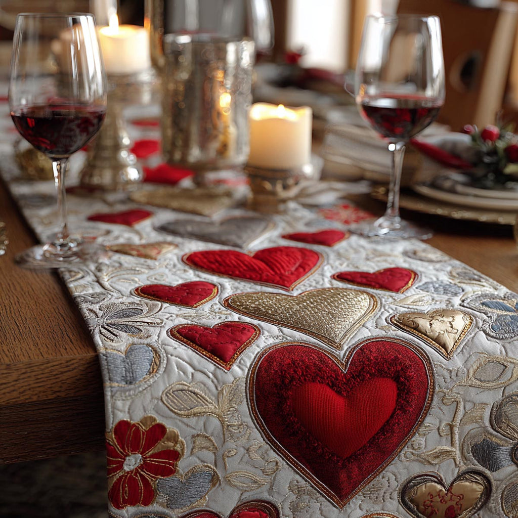 Red Heart Medley quilted table runner – red hearts among flowers