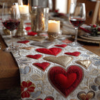 Red Heart Medley quilted table runner – red hearts among flowers