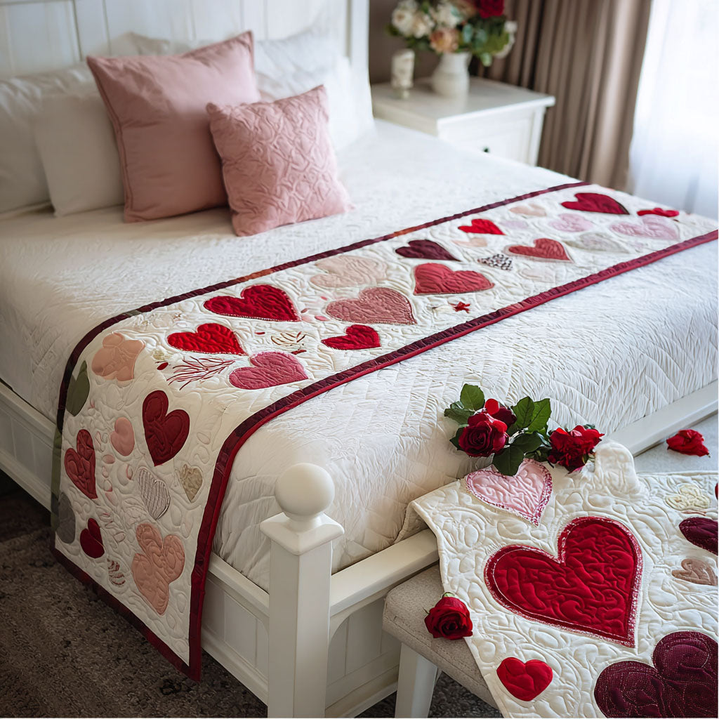 Scattered Hearts quilted bed runner – little red and pink hearts on cream
