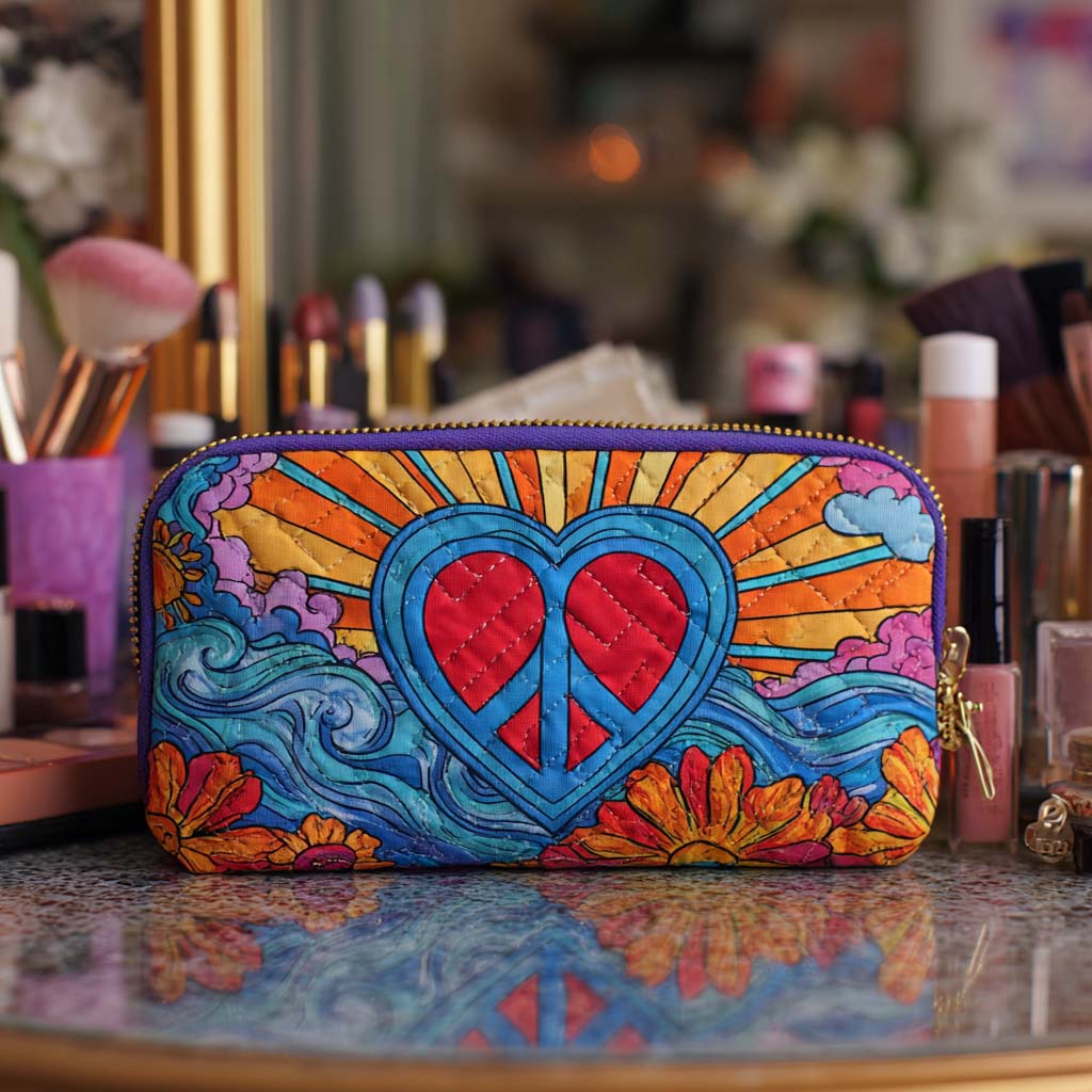 Heart of Peace quilted make-up bag with peace sign inside a heart with rainbow sun rays