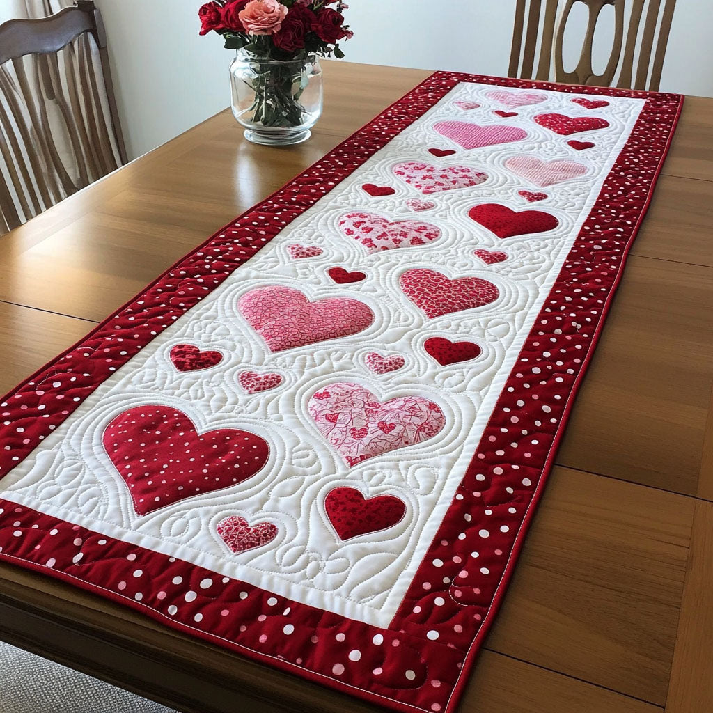 Pink Heart Trail quilted table runner – pink and red hearts on white
