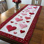 Pink Heart Trail quilted table runner – pink and red hearts on white