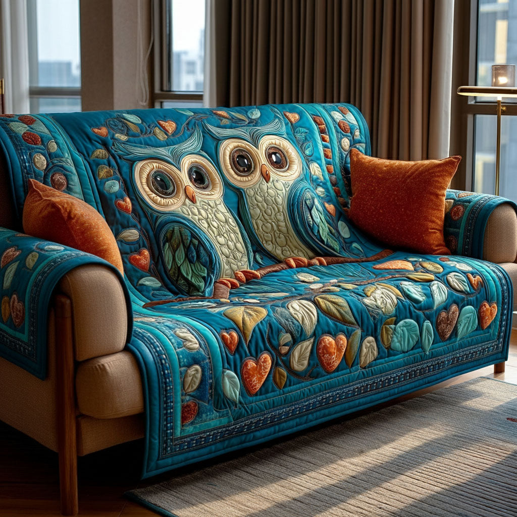 Teal Owl Garden quilted sofa cover – owls among flowers on teal