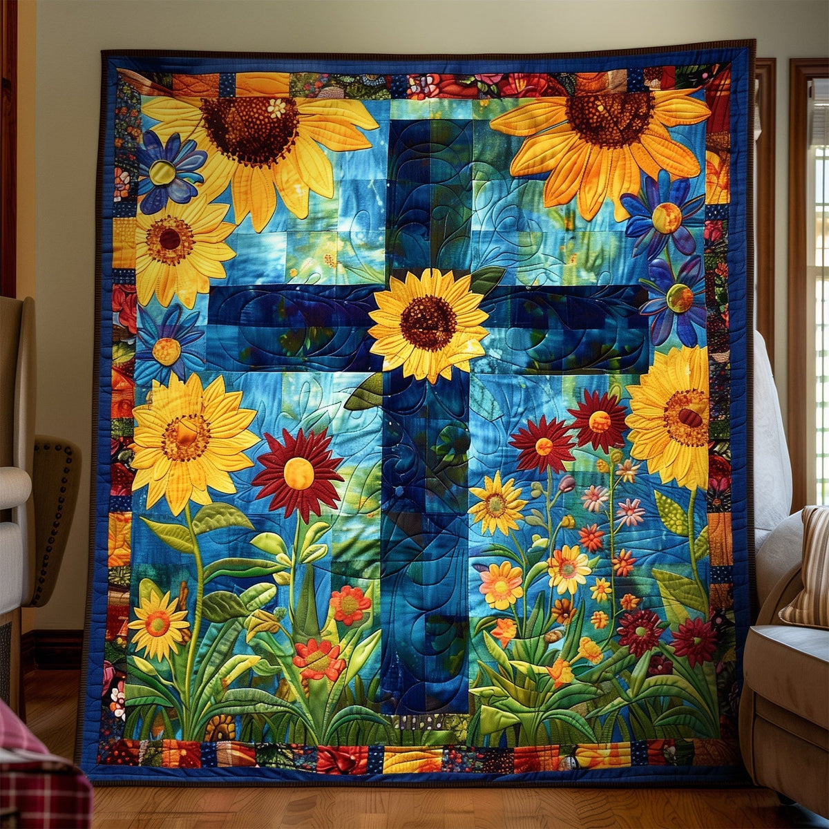 Mosaic Cross Sunflowers art quilt – mosaic cross