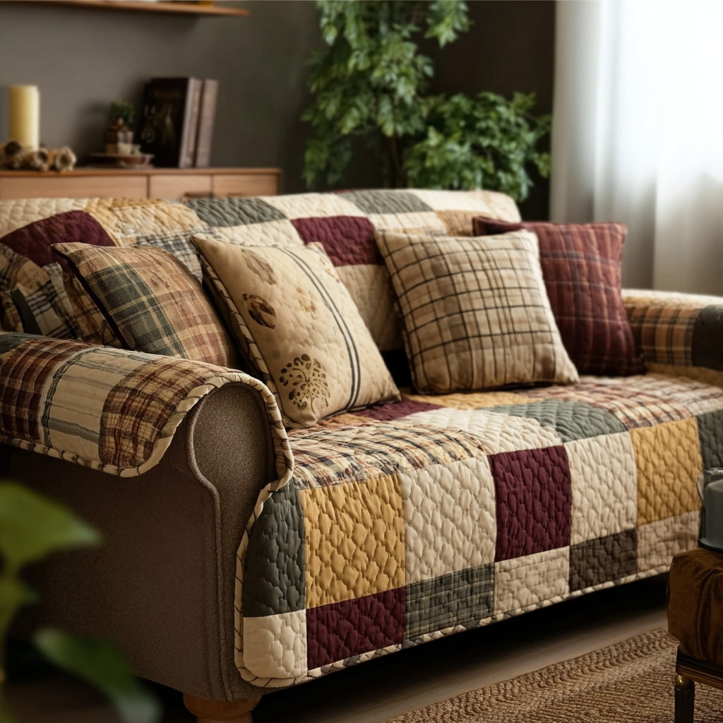 Autumn Check quilted sofa cover – mustard and burgundy checks