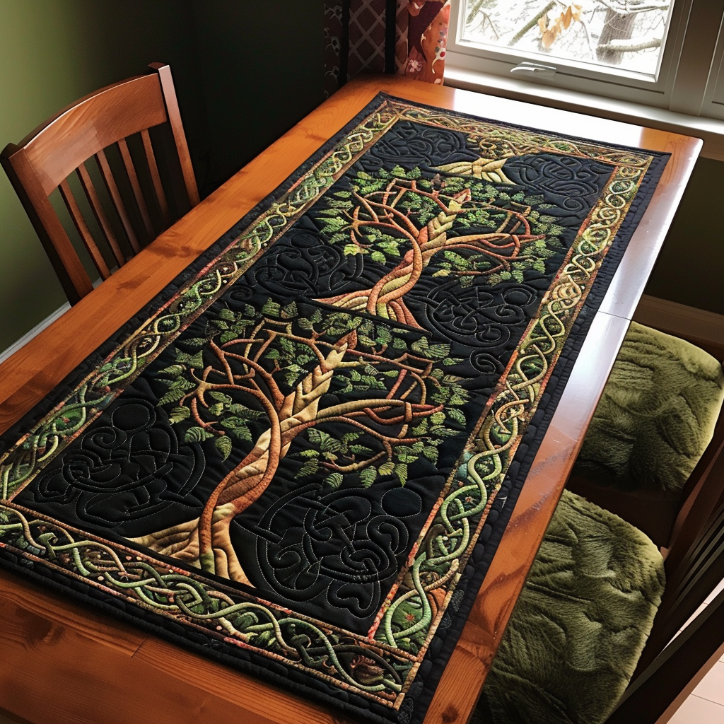 Heritage Celtic Tree quilted table runner – golden tree on black
