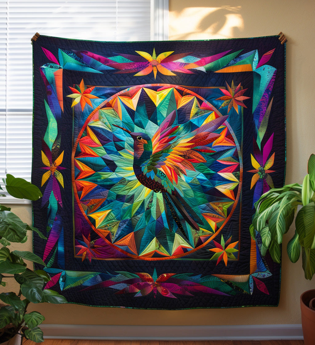Hummingbird Star quilted throw – hummingbird in a jewel-coloured starburst
