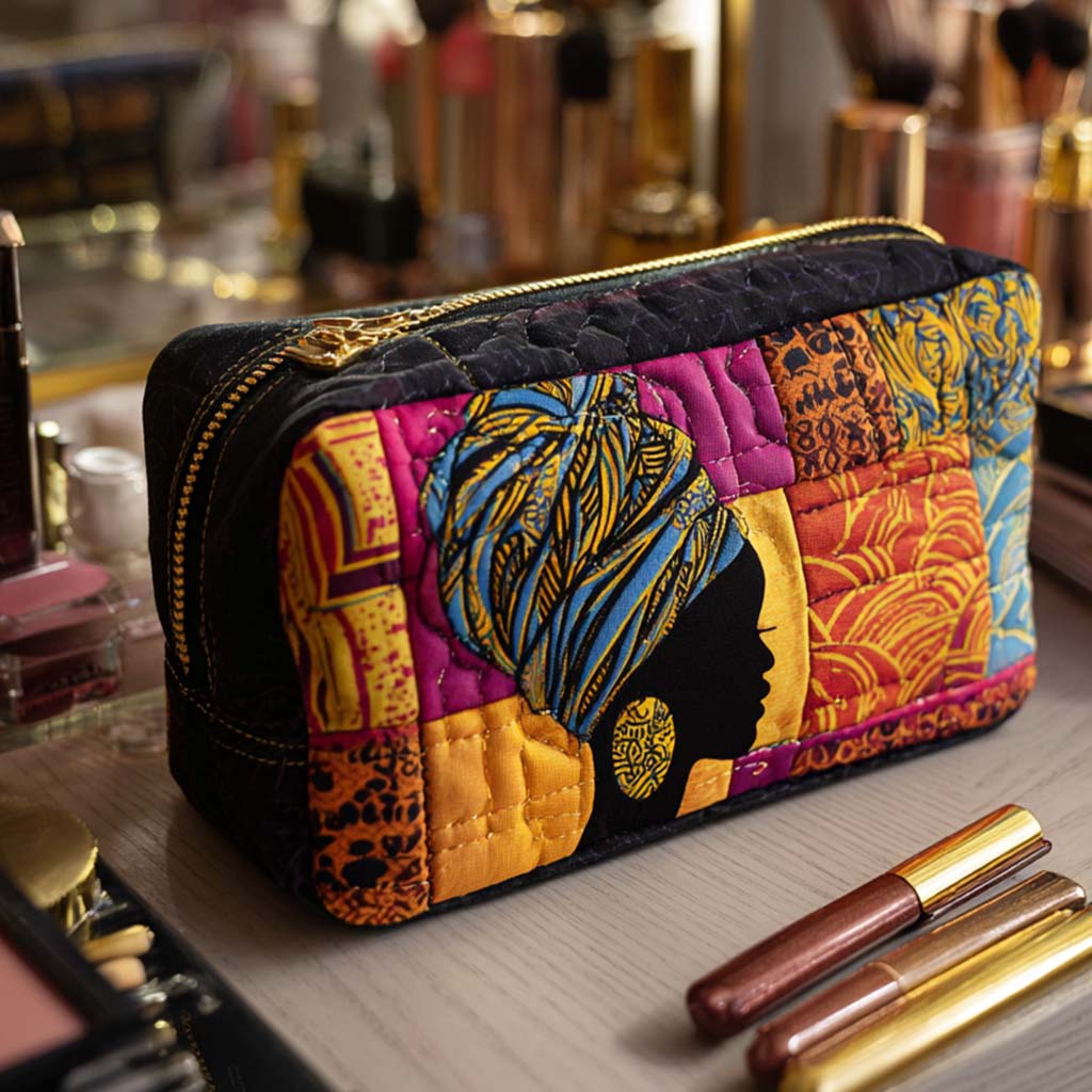 Heritage Glow quilted make-up bag with profile in a golden head wrap on bold patchwork in purple, orange and black