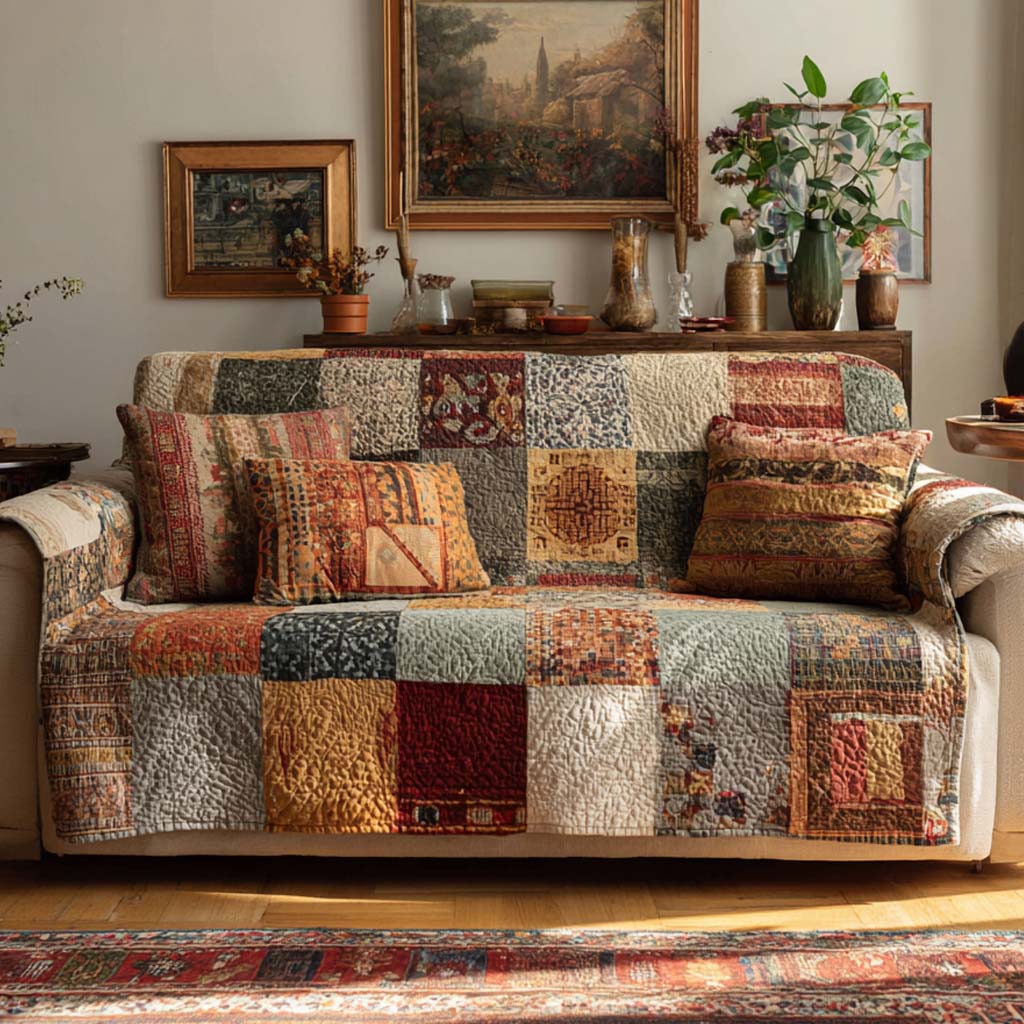 Heritage Patchwork quilted sofa cover with faded gold, rust, sage and cream squares of tapestry prints and paisleys