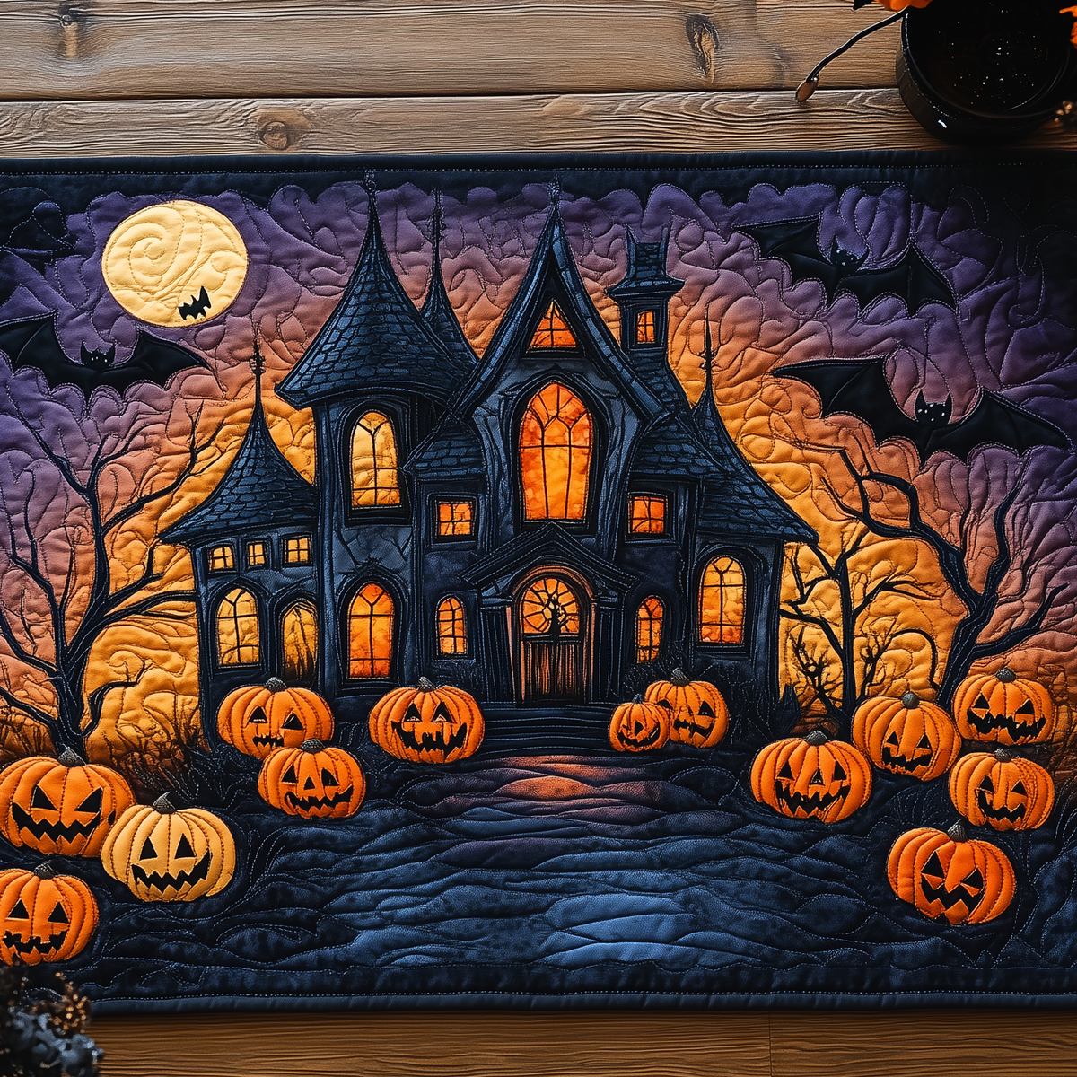 Hexed Homestead quilted placemats – haunted manor and pumpkins