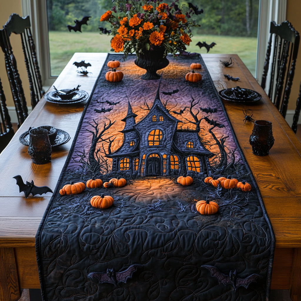 Spooky Manor quilted table runner – spooky manor under a purple sky