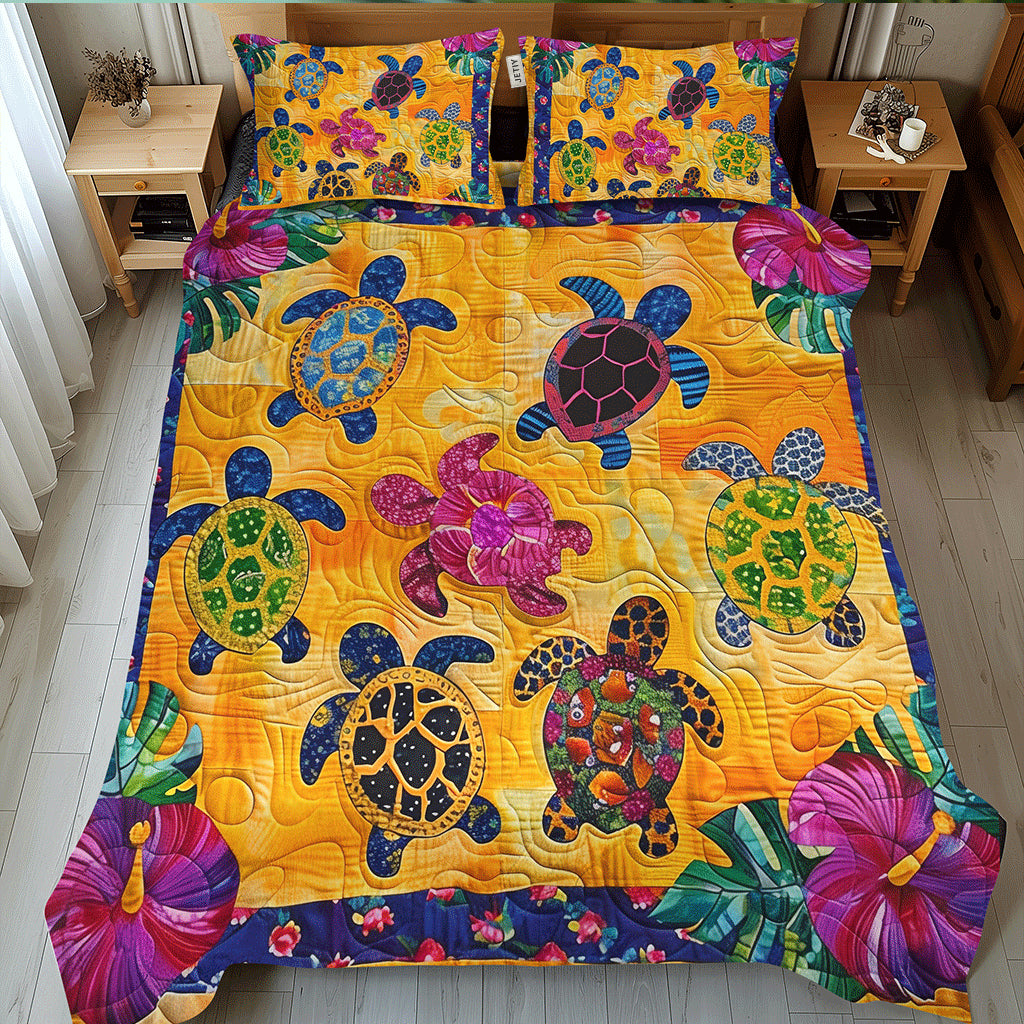 Sea Turtles on Gold quilted bedspread set – colourful sea turtles on gold with hibiscus