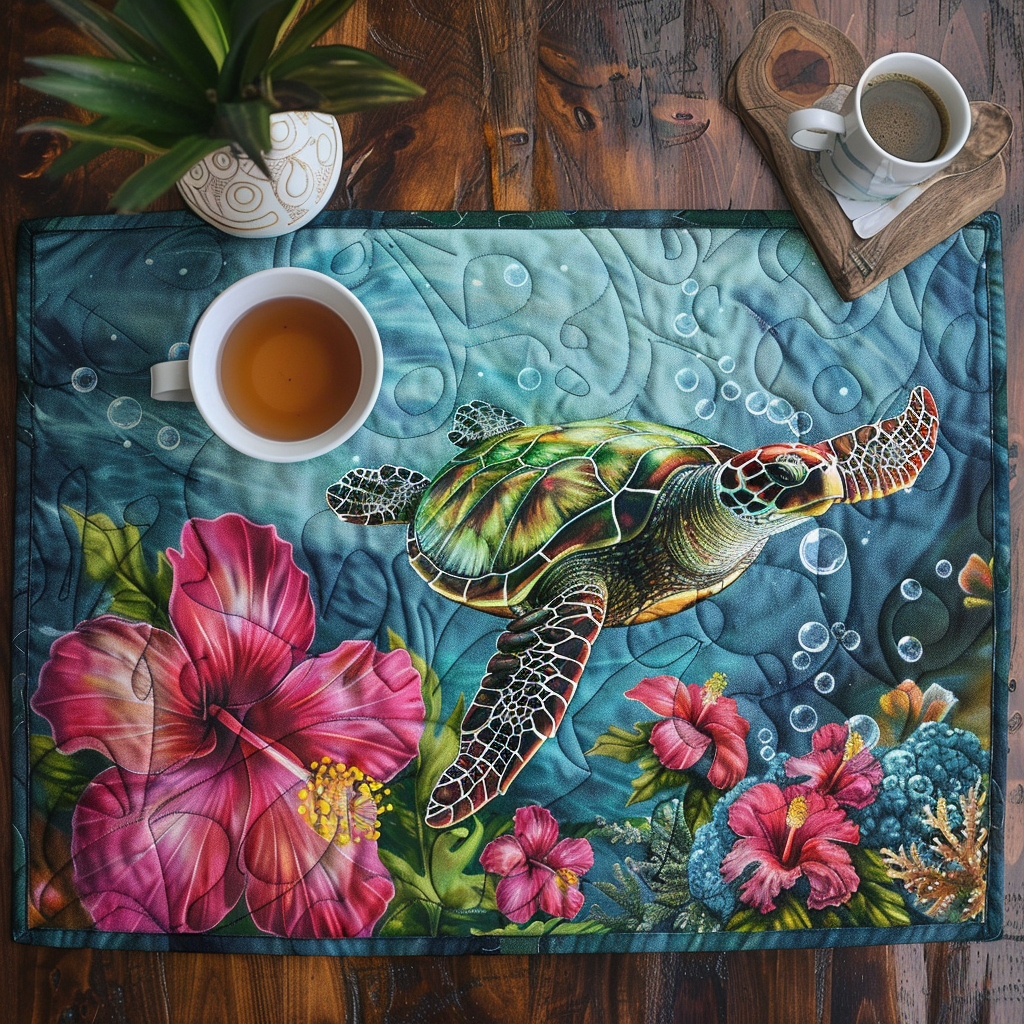 Hibiscus and Sea Turtle quilted placemats – turtle and hibiscus