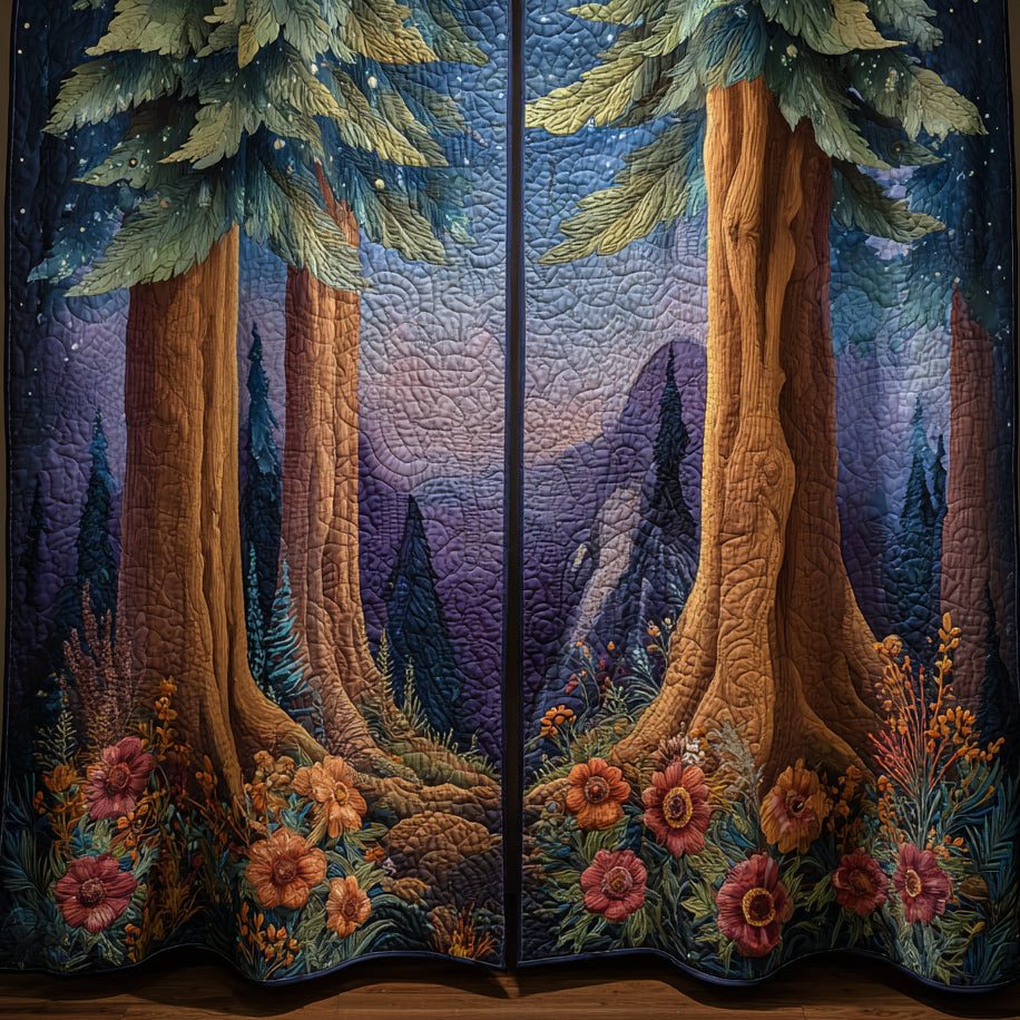 Redwood Grove quilted curtains – redwood trunks above wildflowers