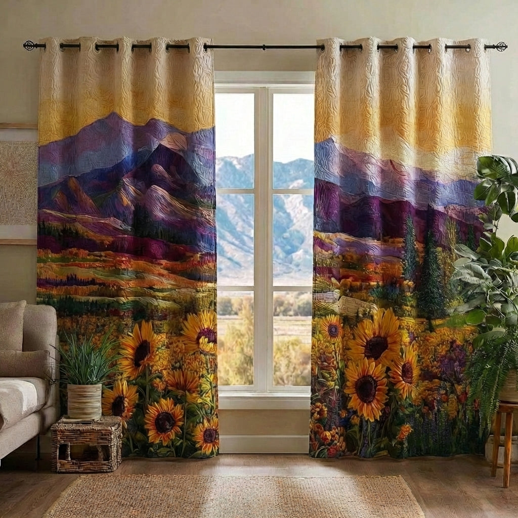 Mountain Sunflower Meadow quilted curtains – mountains above a sunflower meadow