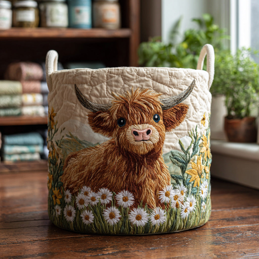 Quilted laundry basket with shaggy ginger highland cows against heather and moorland green in the Highland Cow design