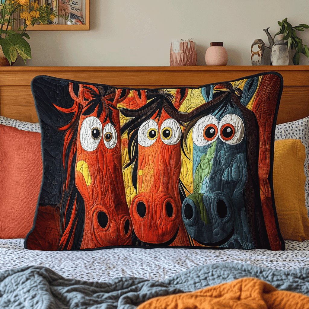 Cheeky Horses quilted pillowcase – three wide-eyed horses squeezed together