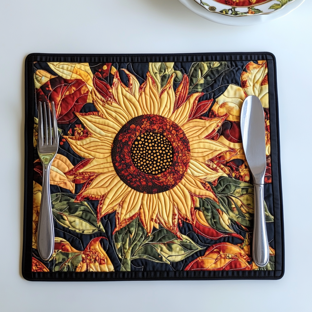 Happy Sunflower quilted placemats – large sunflower on black