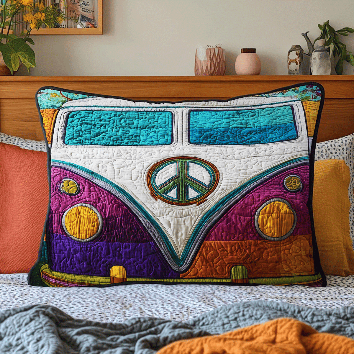Peace Camper Van quilted pillowcase – camper van front with a peace sign
