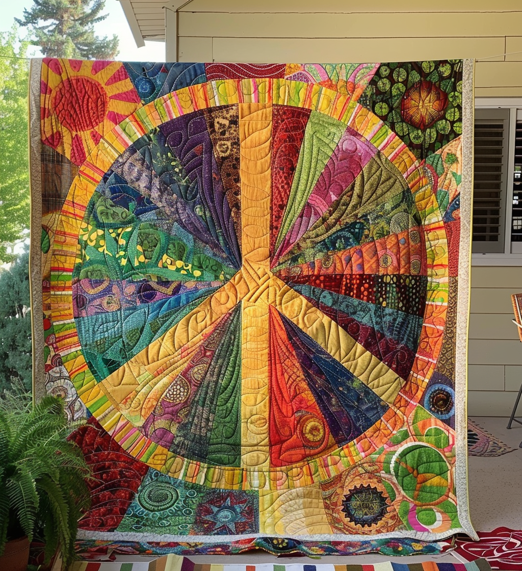 Patchwork Peace Sign quilted throw – peace sign in warm patchwork rays
