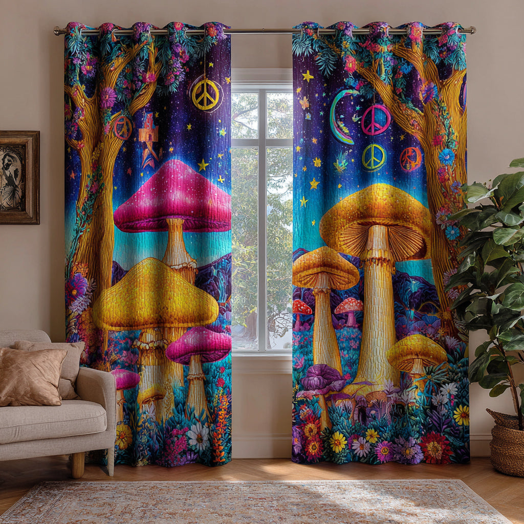 Cosmic Toadstools quilted curtains – rainbow toadstools under the stars