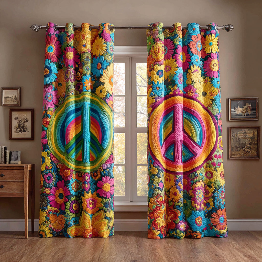 Rainbow Peace Signs quilted curtains – rainbow peace signs among flowers