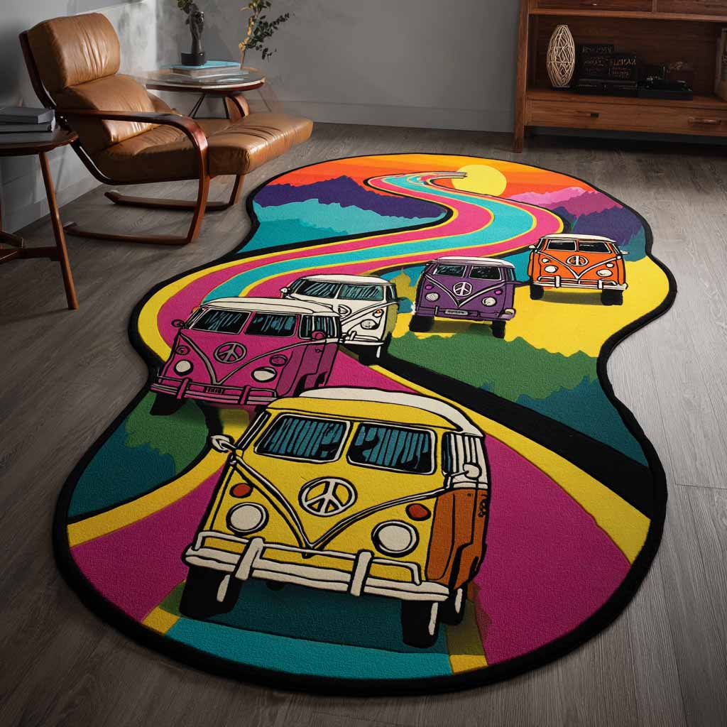 Hippie Trail shaped rug – rainbow road of vans