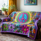 Blue Peace Garden quilted sofa cover – blue peace sign among flowers