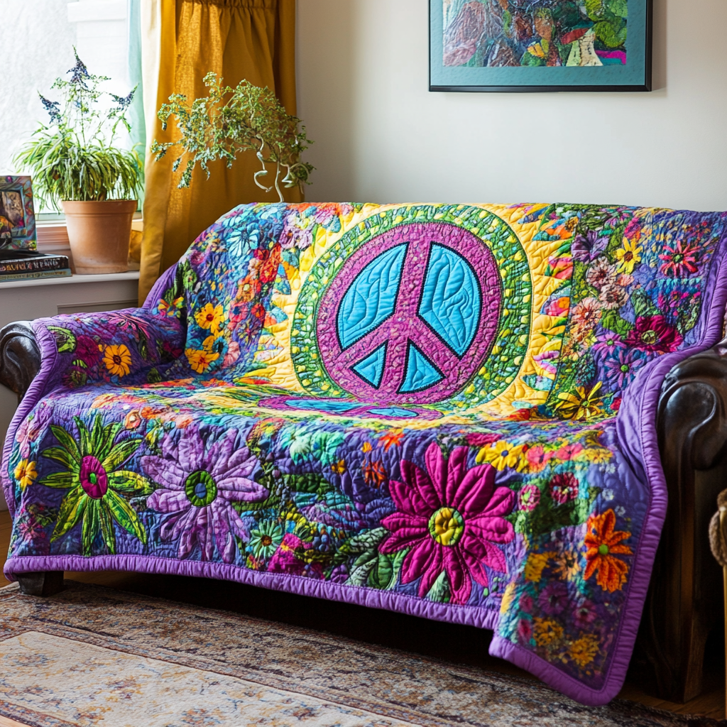 Blue Peace Garden quilted sofa cover – blue peace sign among flowers
