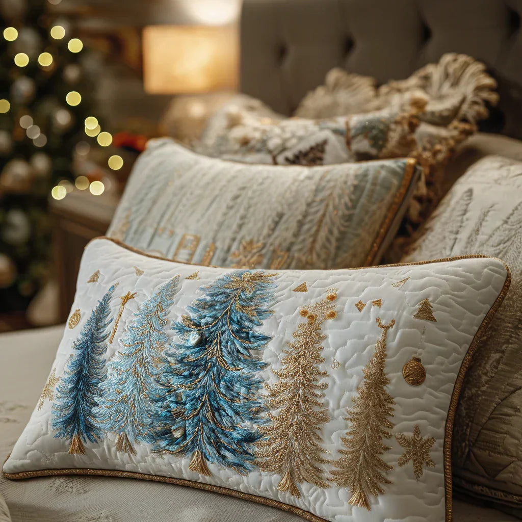 Quilted pillowcase with the Christmas Forest design, ranks of snow-covered fir trees against a pale winter sky over wave-stitch quilting
