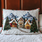 Snowy Village Houses quilted pillowcase – snowy houses and firs beneath mountains