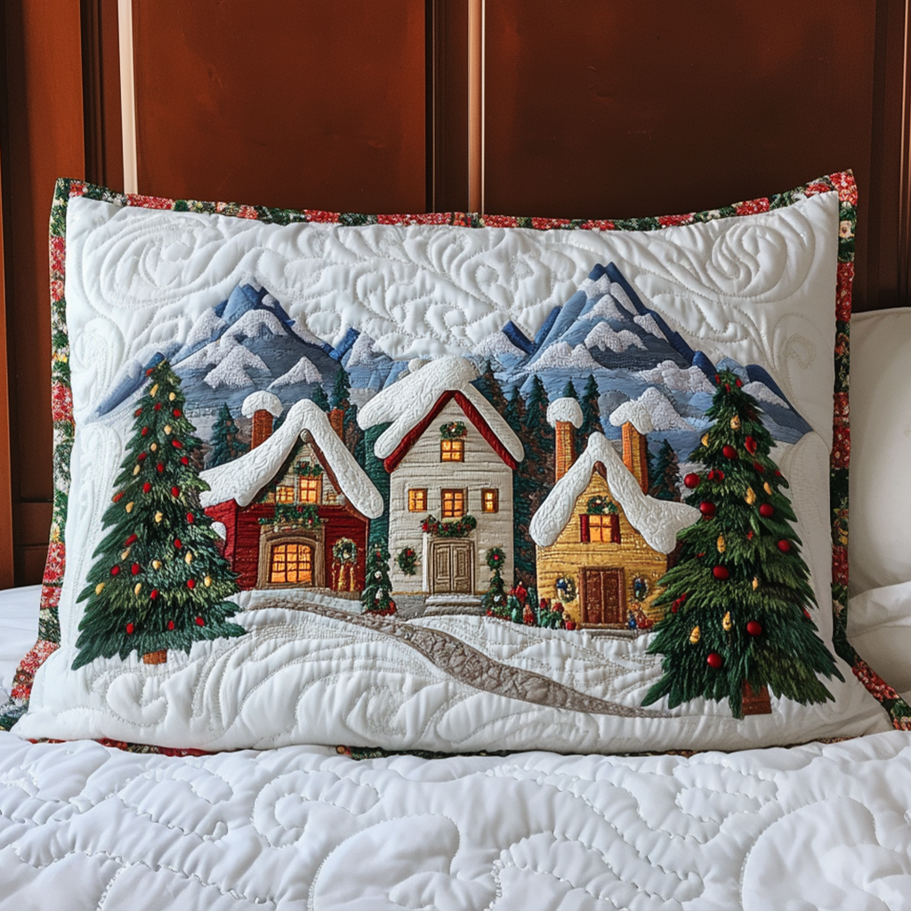 Snowy Village Houses quilted pillowcase – snowy houses and firs beneath mountains