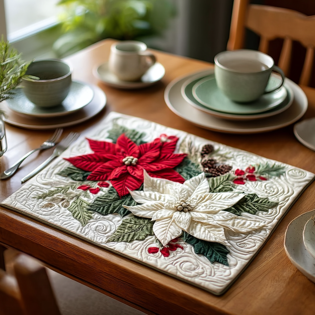 Holiday Radiance quilted placemats – red and white poinsettias