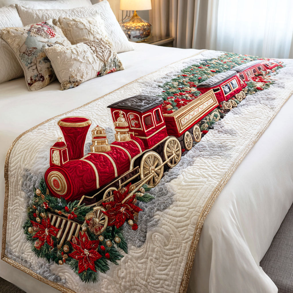 Red Steam Engine quilted bed runner – red steam engine among poinsettias