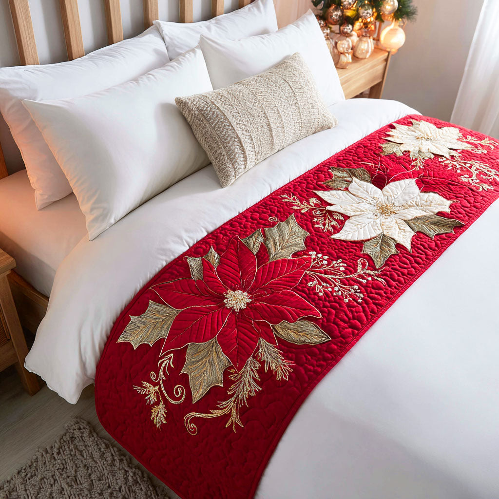 White Poinsettias on Red quilted bed runner – white poinsettias on rich red