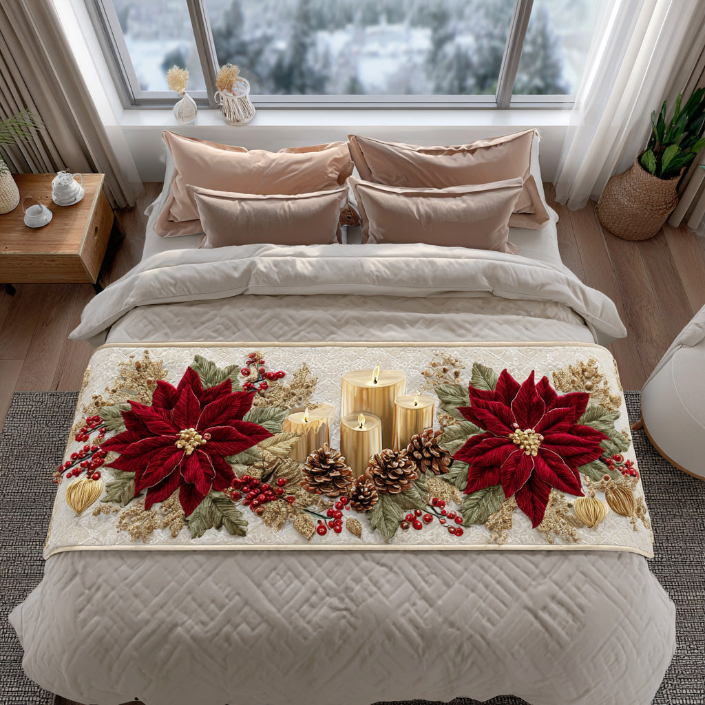 Poinsettias and Candles quilted bed runner – red poinsettias around glowing candles