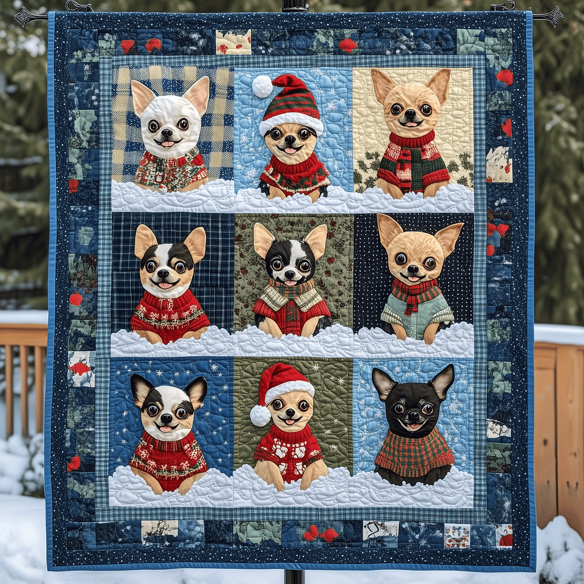 Chihuahua Denim Christmas art quilt – chihuahuas on denim