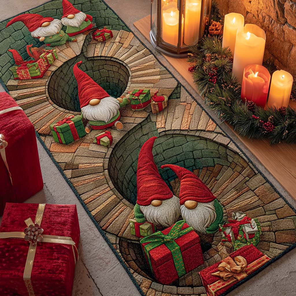 Festive Crescent Path hallway runner – gnomes on a curving path