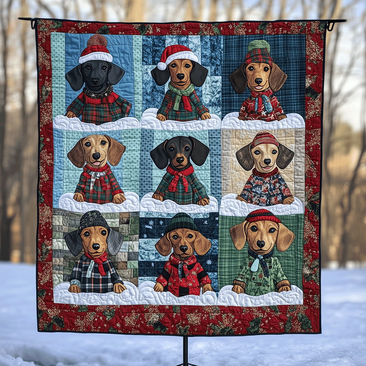 Dachshund Denim Christmas art quilt – dachshunds on blue