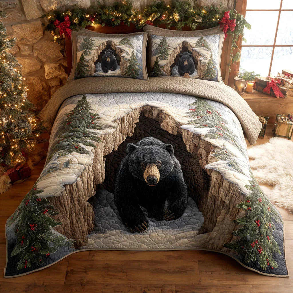 Quilted bedspread set with a lantern-lit cabin among snowy pines under a pale sky in the Winter Retreat design