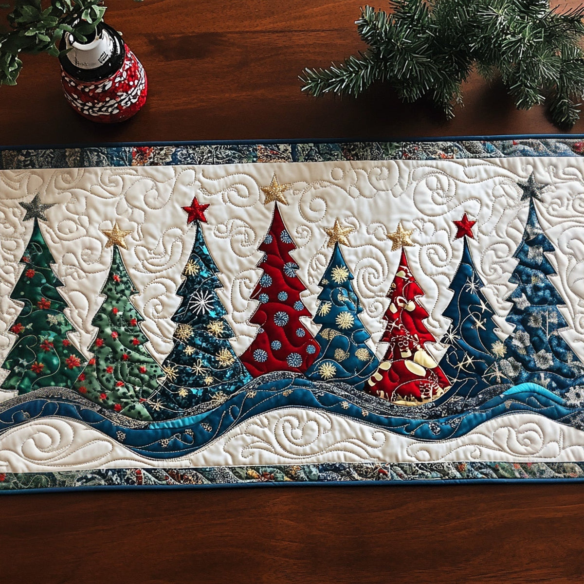 Christmas Tree Waves quilted table runner – trees above blue waves