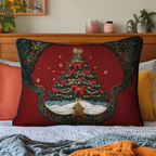 Christmas Tree on Red quilted pillowcase – decorated Christmas tree in a gold frame