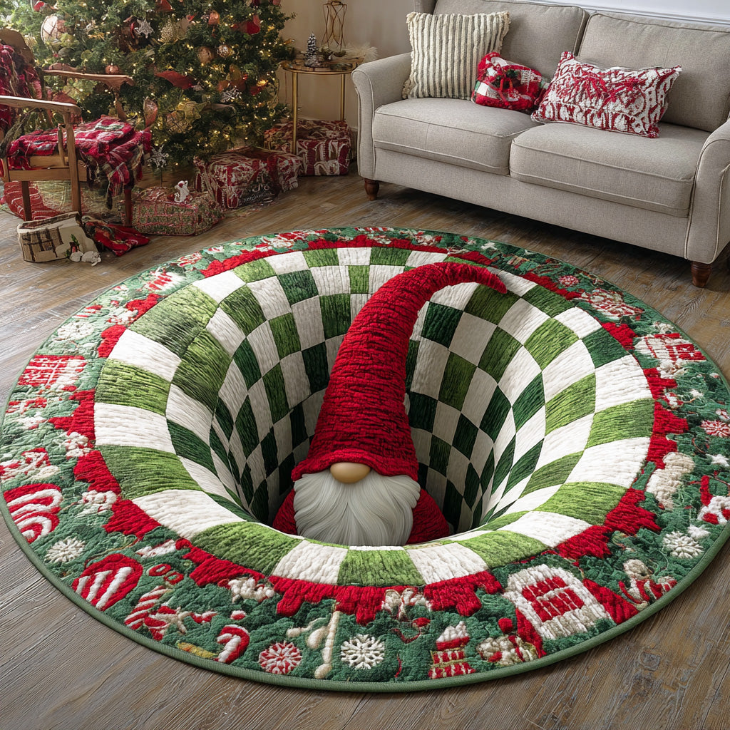 Holiday Gnome Chequer round rug – gnome in a chequered tunnel