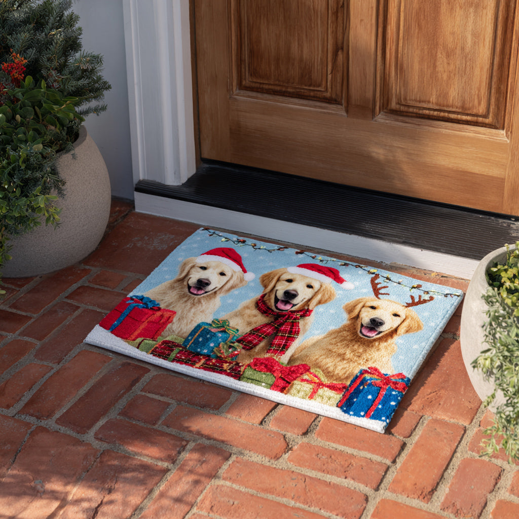 Golden Retriever Trio doormat – retrievers in Santa hats