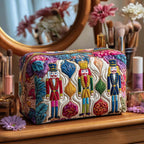 Quilted make-up bag with a scarlet and gold nutcracker sentry standing amongst holly leaves, small stars and falling snow in the Christmas Guard design